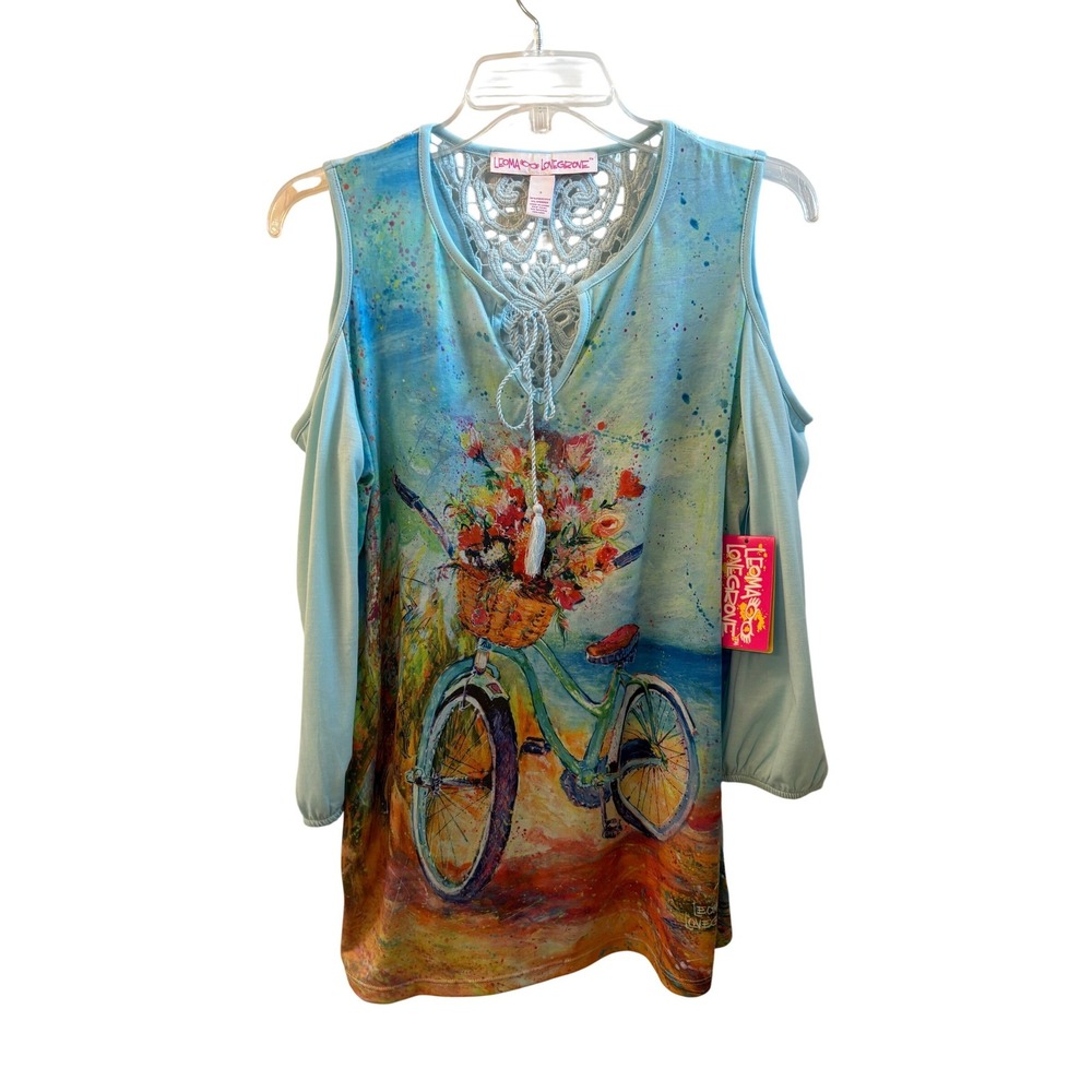 Leoma Lovegrove Womens Blue Cold Shoulder Bicycle Floral Lace Back Top Small NWT